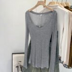 Tencel Skin-Fribottomly Sottile Leggermente Slim Fit Lussuria Pura Sexy Bianco Collo a U Crema di Protezione del Sole T-Shirt da Donna Inizio Autunno Top - immagine 8