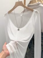 Tencel Skin-Fribottomly Sottile Leggermente Slim Fit Lussuria Pura Sexy Bianco Collo a U Crema di Protezione del Sole T-Shirt da Donna Inizio Autunno Top