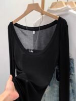 Tencel Skin-Fribottomly Sottile Leggermente Slim Fit Lussuria Pura Sexy Bianco Collo a U Crema di Protezione del Sole T-Shirt da Donna Inizio Autunno Top - immagine 3